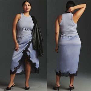 NWT ANTHROPOLOGIE The Keeley Twofer Midi Dress blue ribbed satin